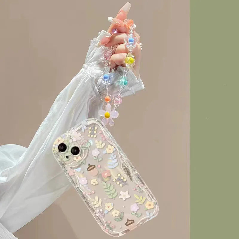 Phone Case For iPhone 17 16 15 Pro Max 14 11 13 12 Mini Plus 16E 17 Air IPhone17 Back Cover Flower Bracelet Wrist Chain Strap