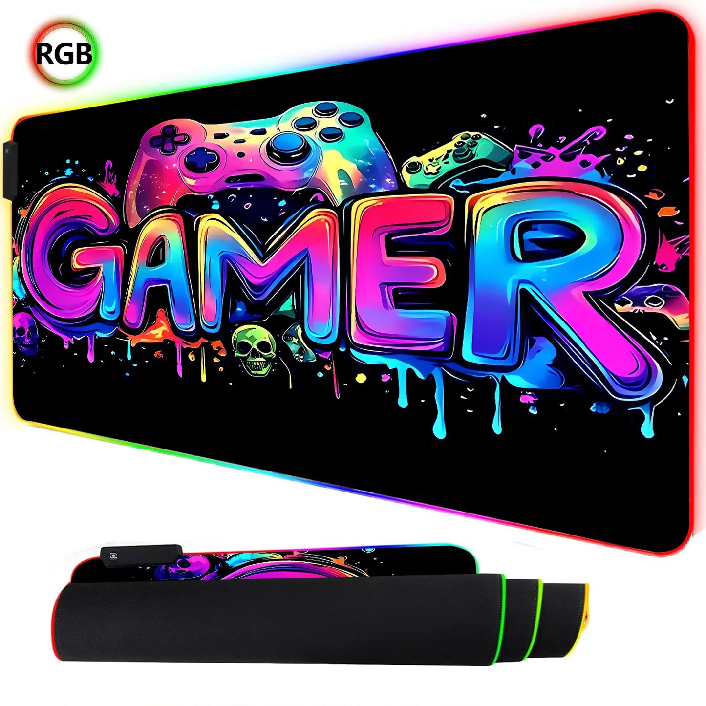 RGB Neon Gaming Controller Art Mouse Pad LED Backlight Luminous Gamer Rubber Keyboard Pads Esports Computer Accessories Desk Mat