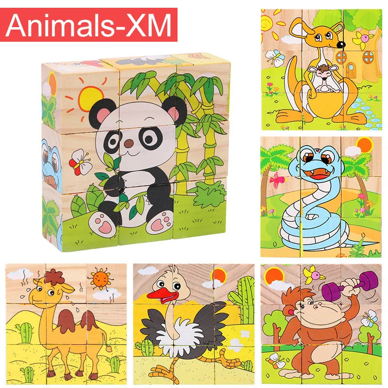 Wooden Puzzle Six Sides Painted Three-Dimensional Traffic Animal Puzzle Building Blocks Montessori Early Education Toys TMZ