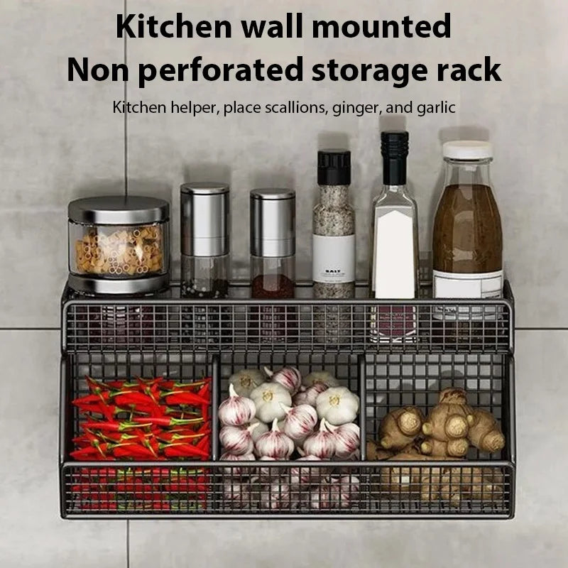 Kitchen Wall Mounted Storage Rack Vegetables Fruits Holder Onion Garlic Condiments Spice Double Layer Storage Shelf Organizer