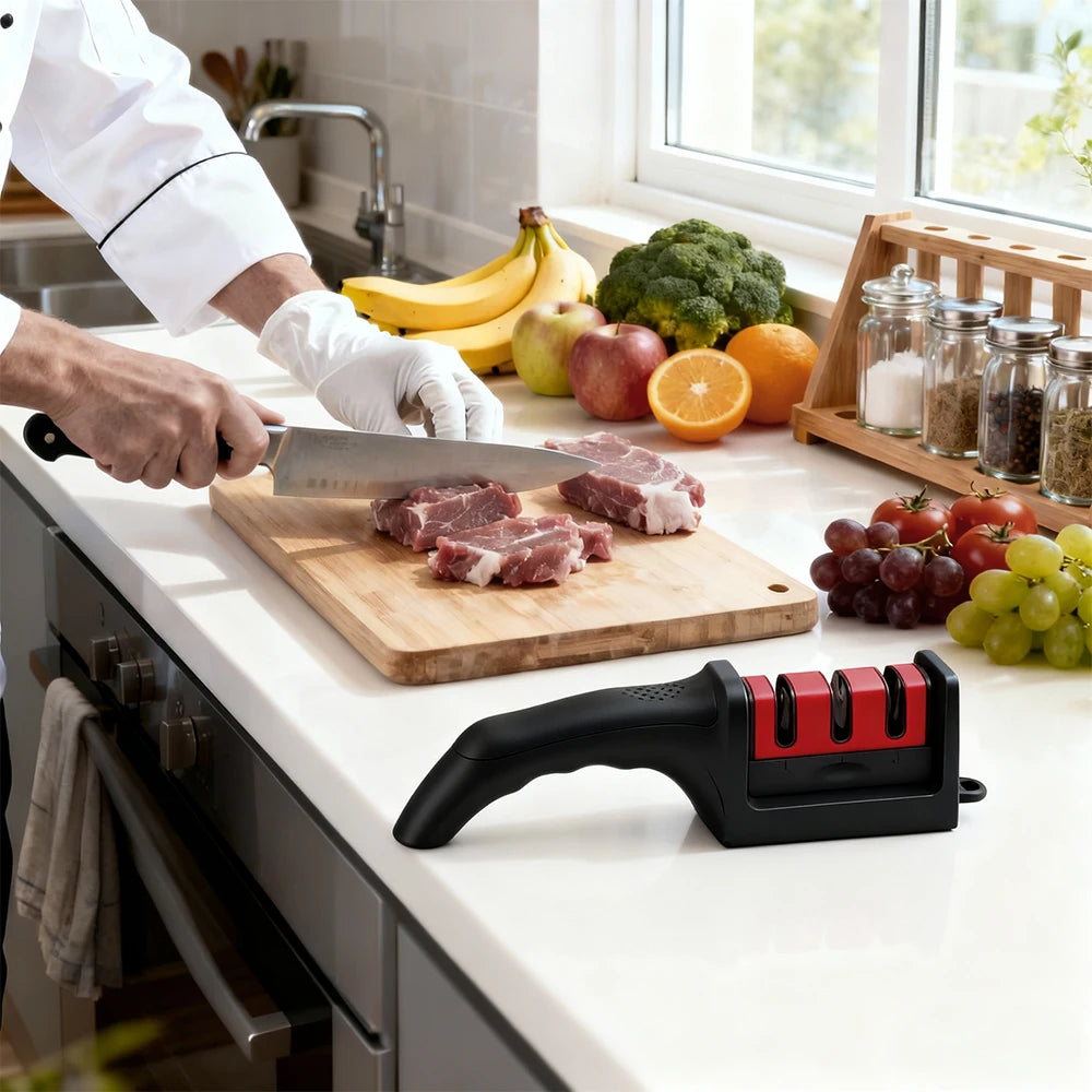 3 Stage Knife Sharpeners for Kitchen Knives 4 in1 Kitchen Knife Sharpener – Ergonomic and Easy to Use Knife Sharpening Kit