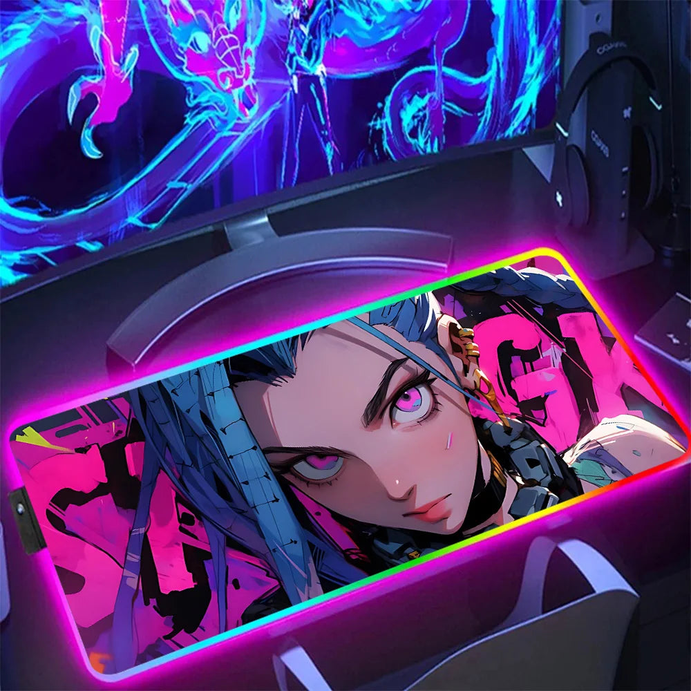 Hot Anime Game Graffiti Jinxs RGB Pc Gamer Keyboard Mouse Pad Mousepad LED Glowing Mouse Mats Rubber Gaming Computer Mausepad