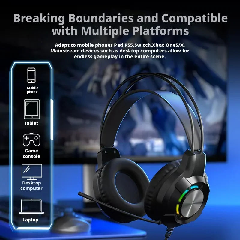 New Wired Gaming Headset with Mic for PUBG RGB Light Deep Bass Noise Reduction Compatible with Laptops Desktops 2 Color Options
