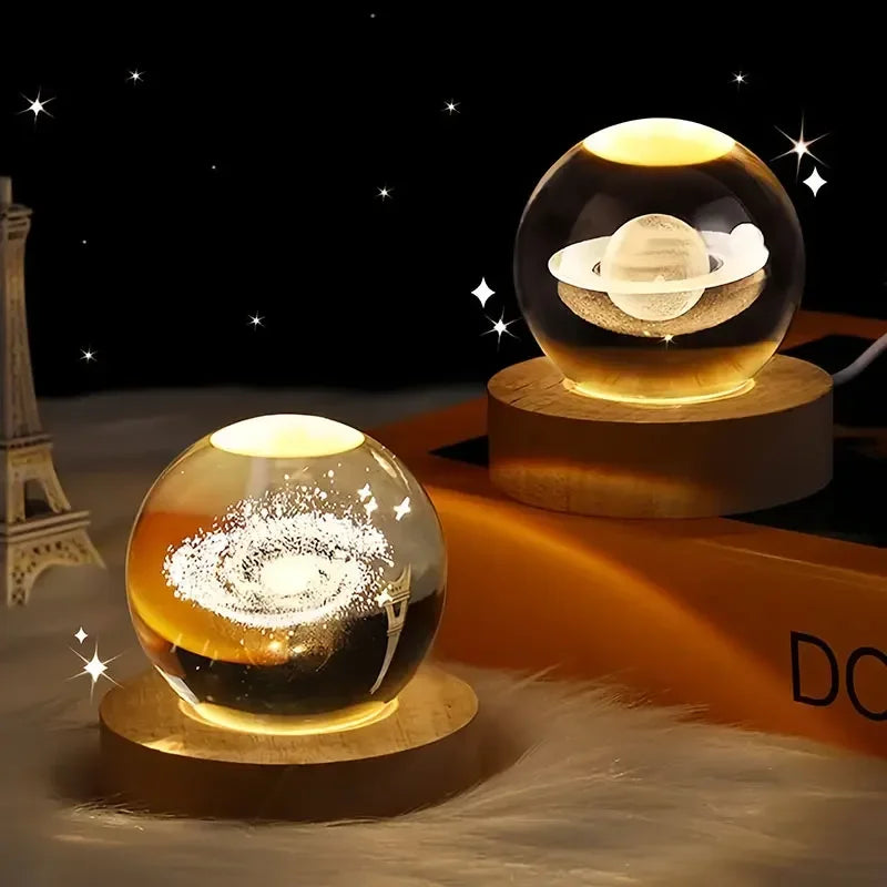 3D Crystal Ball LED Warm Night Light Wooden Base Laser Engraved Solar System Globe Galaxy Birthday Gift Home Desktop Decoration