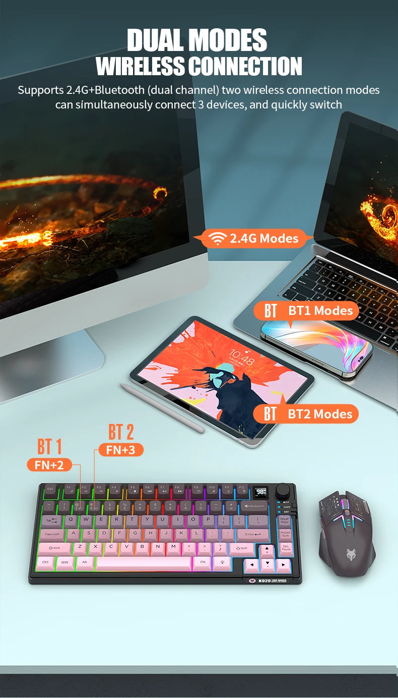 Dual Modes Gaming Keyboard Mouse Combos Computer Laptop Backlight Gamer Kit LED Wireless Usb Keyboard with Display Screen & Knob