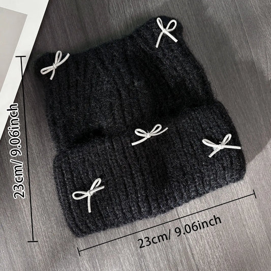 Handmade Bow-Knitted Hat, Cat Ear Design, Fashionable and Warm Woolen Hat, Windproof Pullover Hat, Casual Cold Weather Hat, Suitable as Clothing Accessories for Autumn and Winter Cold Weather