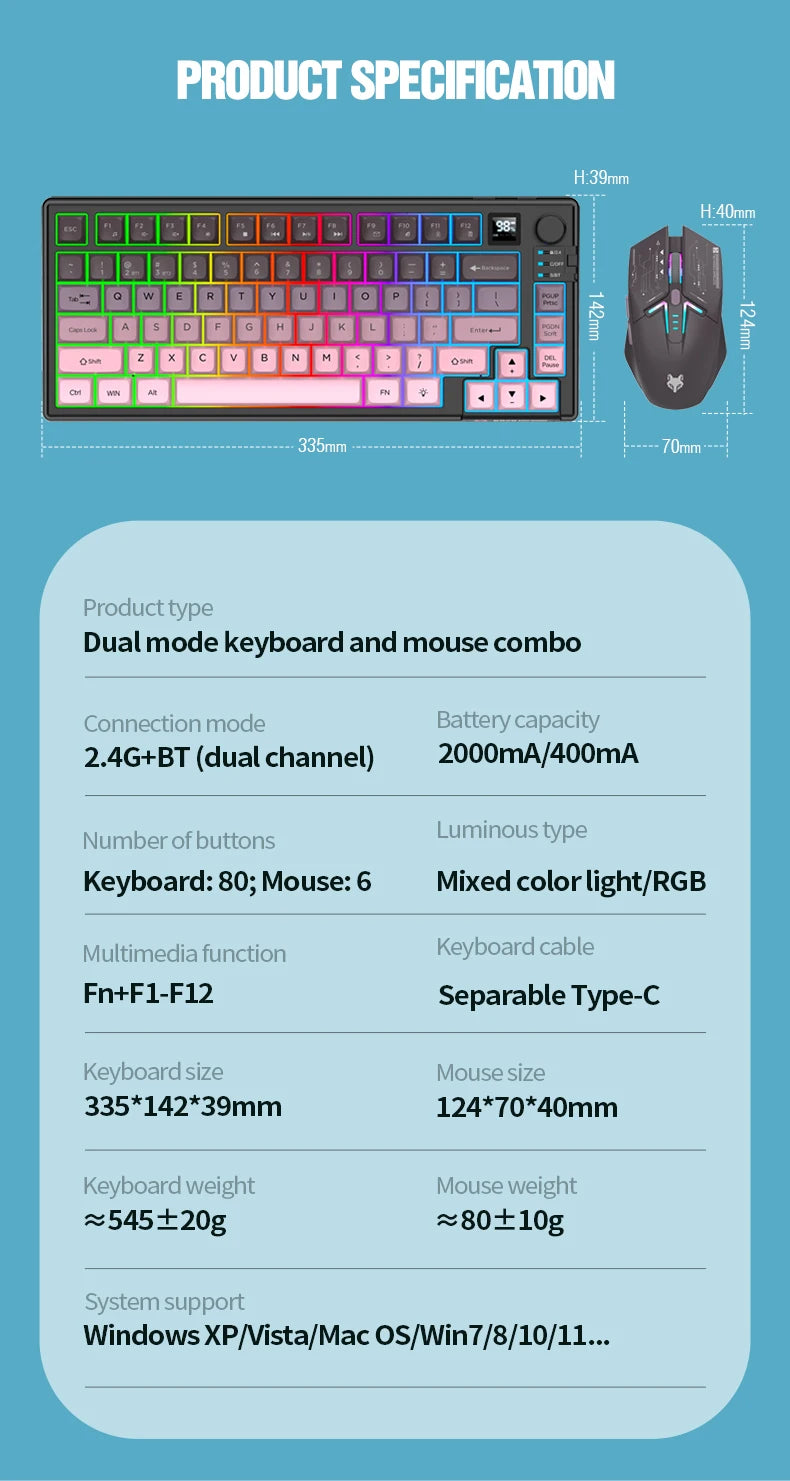 Dual Modes Gaming Keyboard Mouse Combos Computer Laptop Backlight Gamer Kit LED Wireless Usb Keyboard with Display Screen & Knob