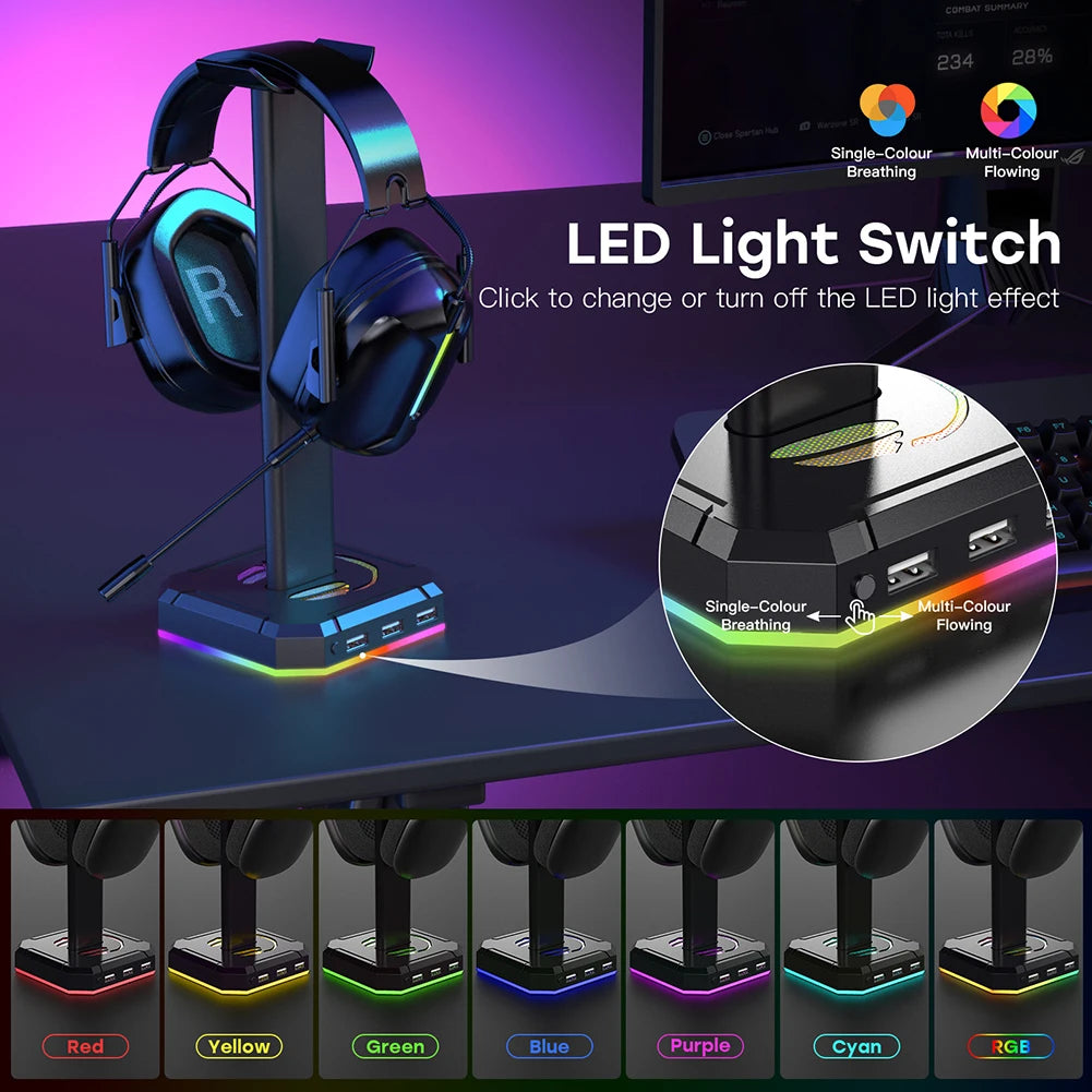 RGB Gaming Headphone Stand Over-ear Headset Desk Bracket Desktop Computer Earphone Display Holder Luminous with 3 USB Ports