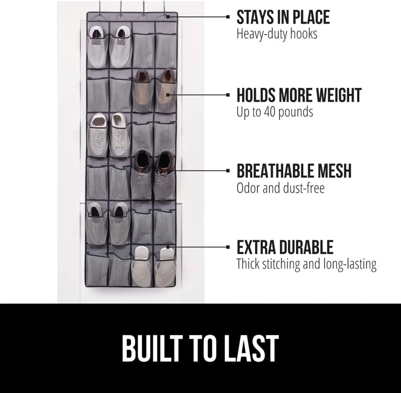 Over-the-door shoe organizer, 24 breathable mesh pockets, space-saving hanging rack for shoes, accessories, etc.