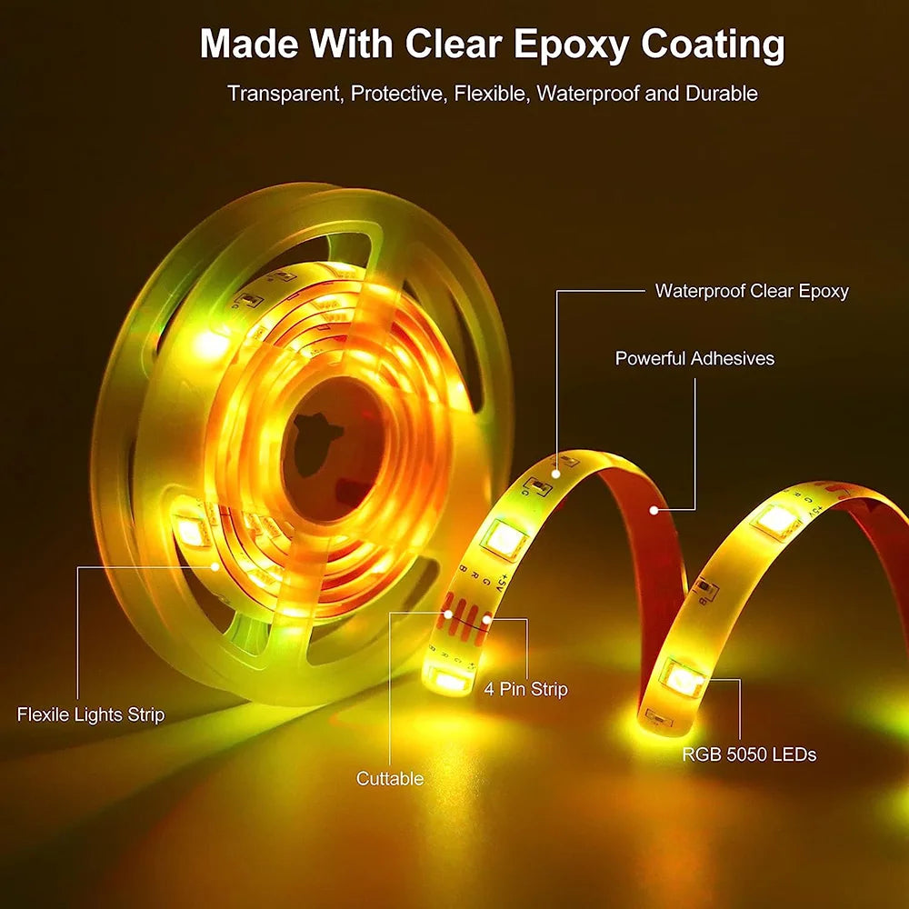 Battery LED Strip Lights RGB 5050 Color Changing TV Backlight IP65 Remote Control Indoor Outdoor Flexible Light Ribbon 1M-5M