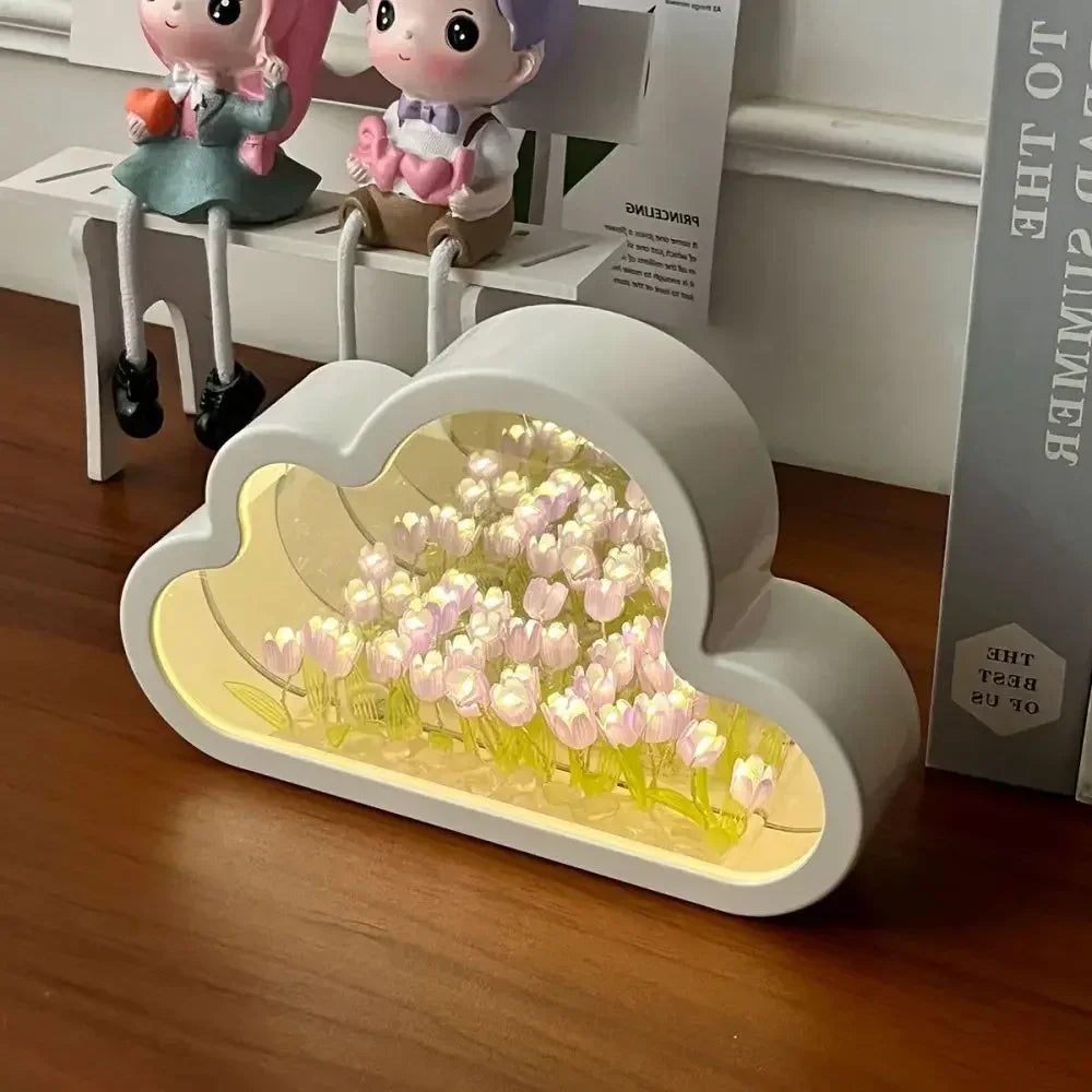 LED Night Light Mirror Table Lamp Bedroom Decor Lights New Handmade DIY Tulip Flower Sea Night Atmosphere Lamp Clouds Tulip Lamp