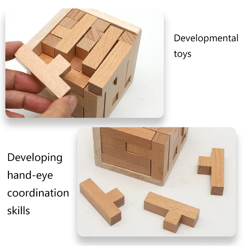 Wooden 3D Puzzles with 25 T-shaped Blocks,Classic Luban Lock Cube Puzzle Toys, Intellectual Game for children and adults