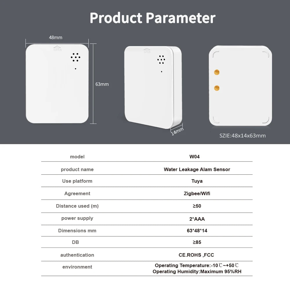 Smart Water Leakage Sensor Detector Wireless ZigBee3.0 Leak Detector with Siren Alarm 85dB For Basement Kitchen Home Security