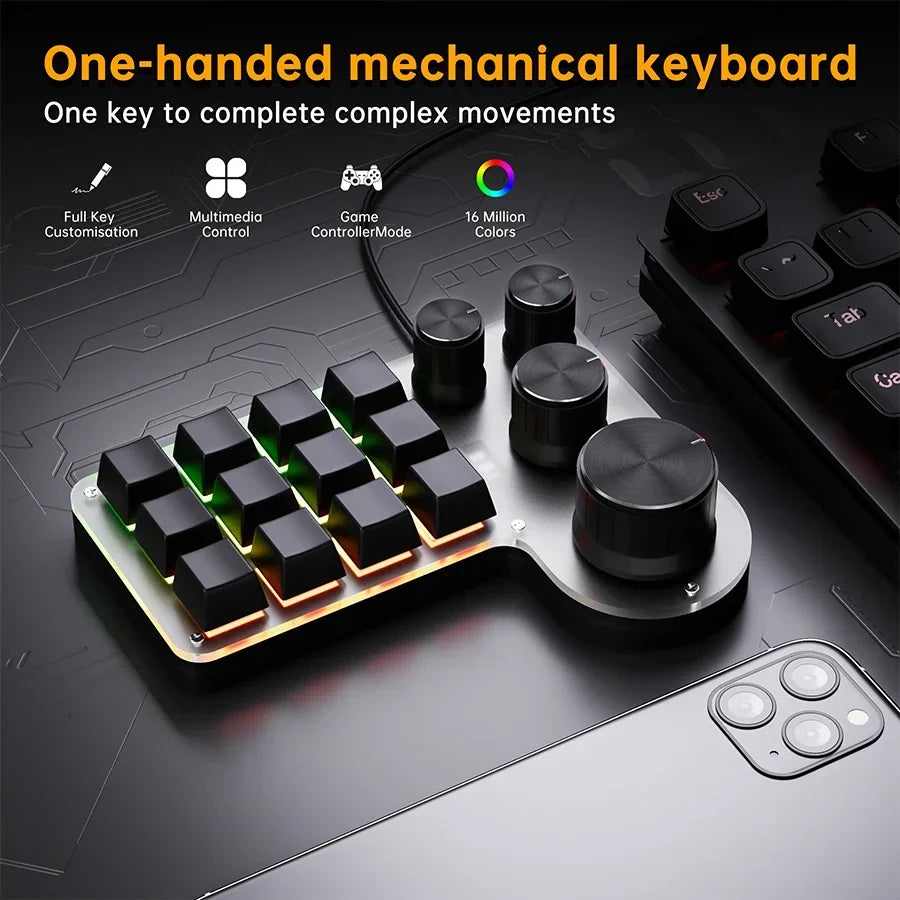 3 Modes 12 Keys Mechanical Keyboard 4 Knobs Custom Programming Macro Gaming Keyboard RGB Bluetooth 2.4G USB Wired Keypad for PS