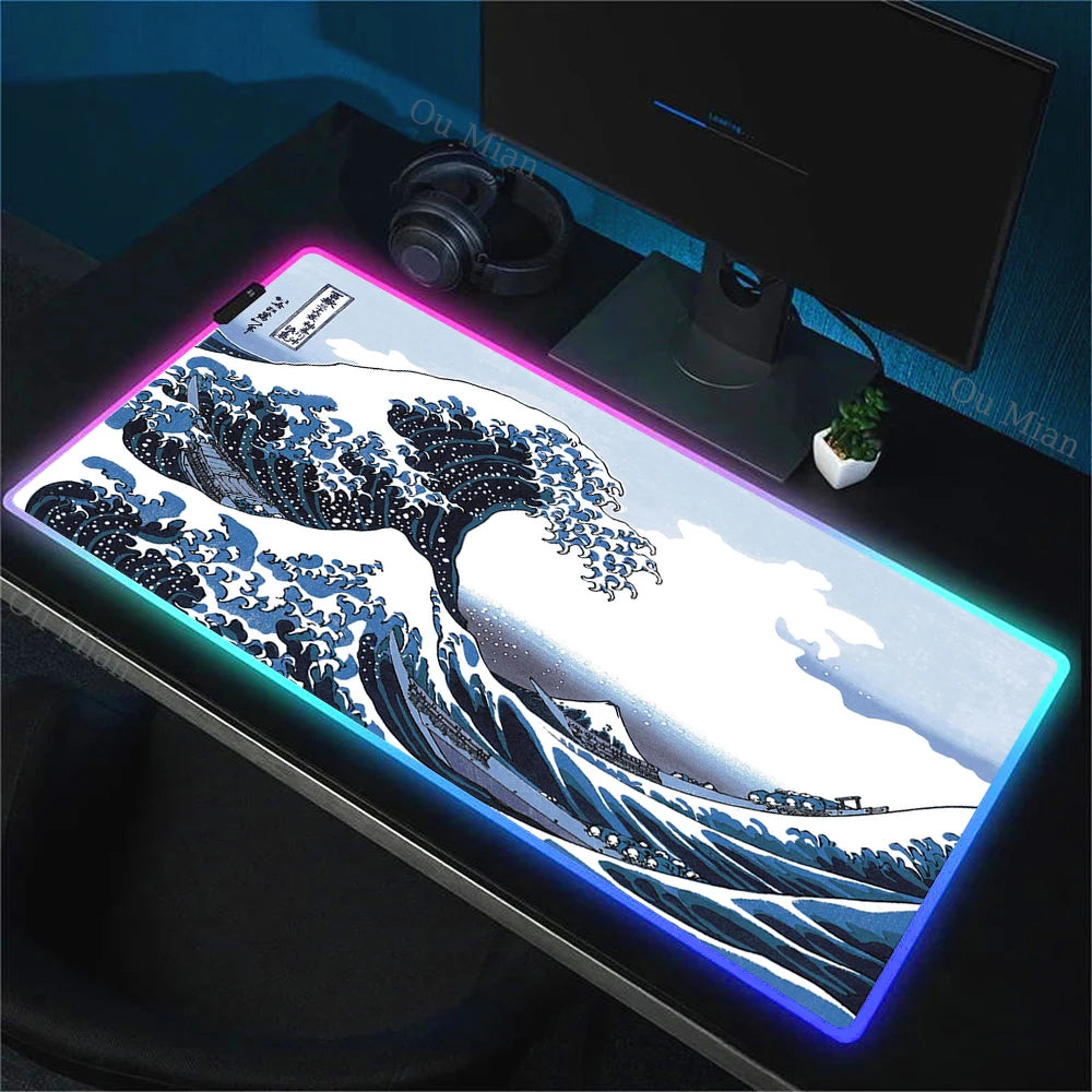 900x400mm RGB Mouse Pad The Great Wave off Kanagawa Design Waterproof Backlit Gaming Mousepad Protector with Laptop Accesso Mat