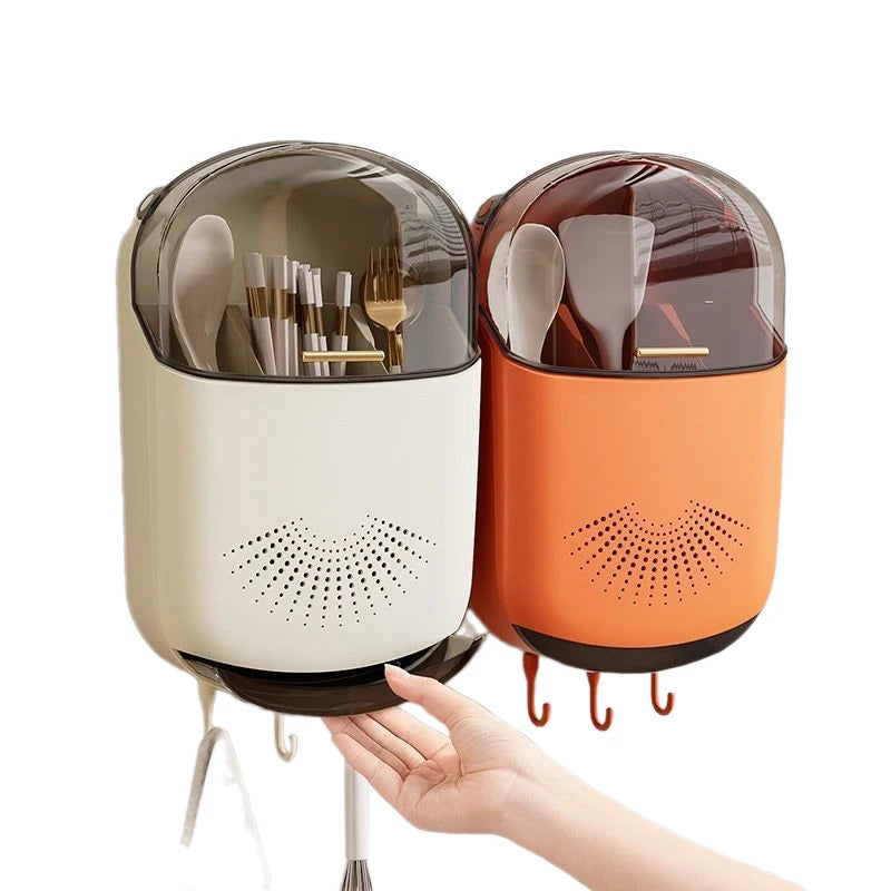 Kitchen Cutlery Storage Box Wall Mount Tableware Storage Holder with Lid Dustproof Spoon and Chopstick Organizer Drain Racks