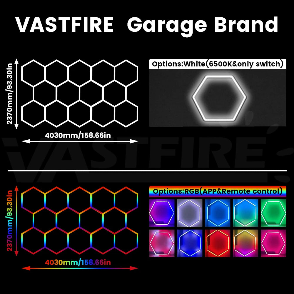RGB hexagonal garage light, can be controlled by both APP and remote control, with multiple colors adjustable freely