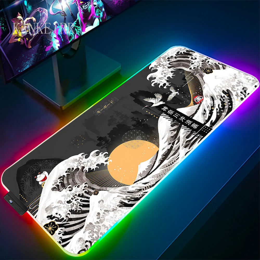 The Great Wave off Kanagawa RGB Gaming Mouse Pad Desk Mat LED Light Mousepad Artistic Computer Carpet With Backlit Mouse Pads