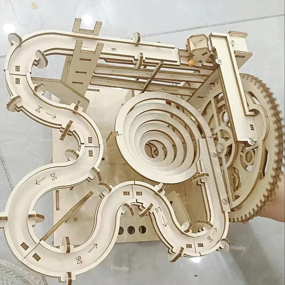 3D Wooden Puzzle DIY Building Kits Mechanical Model Marble Run Set with 4 Balls Creative STEM Toys for Adults Kids Birthday Gift
