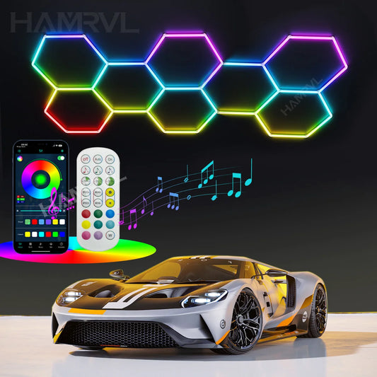 RGB Hexagon LED Light Garage Dimmable colorful Change Game Sound pickup Decor Lamp party Car WorkShop Gym Room Ceiling Panel Bar