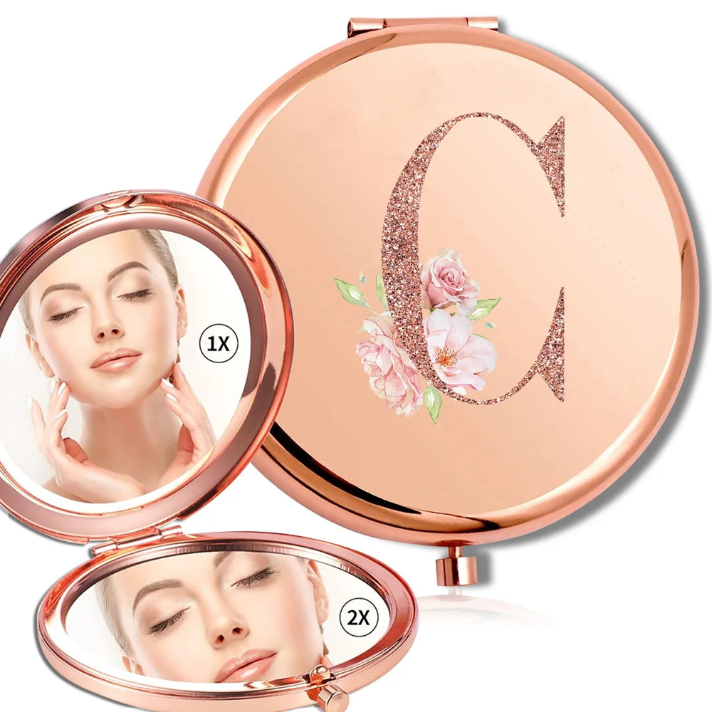 Magnifying Makeup Round Mirror Double Sided Metal Cosmetic Portable Look Glass Compact Handheld Mirror Rose Gold Letter Pattern