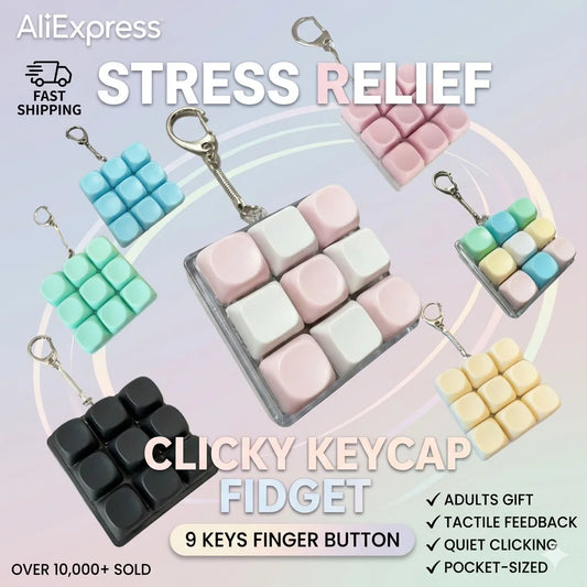 Mechanical Keyboard Fidget Keychain Toy Clicky Keycap Stress Relief 9 Keys Finger Button Squeeze Toy for Adults Gift