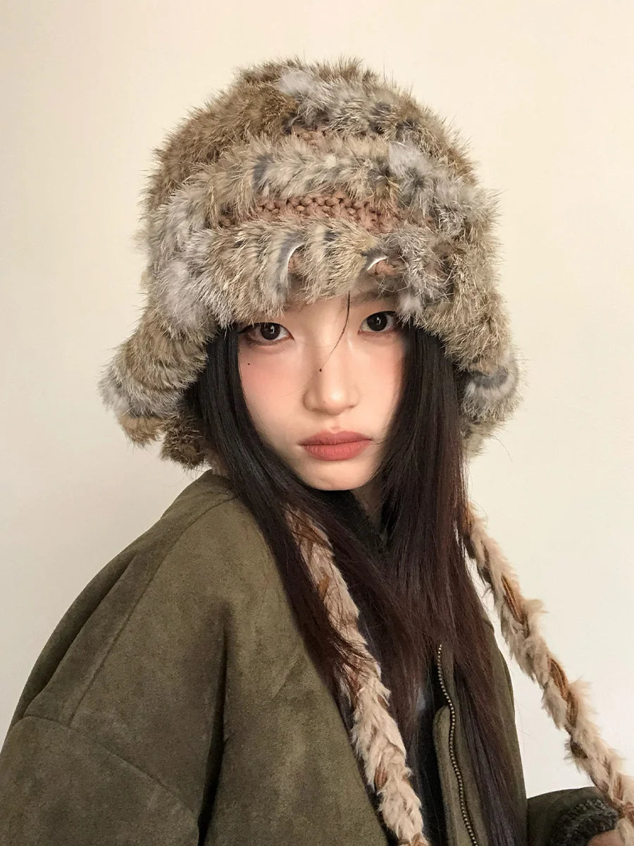 Rabbit Hair Mixed Wool Hat For Women Autumn And Winter Style Thickened And Warm Knitted Hat Cold-Proof And Ear-CoveringEd Hat