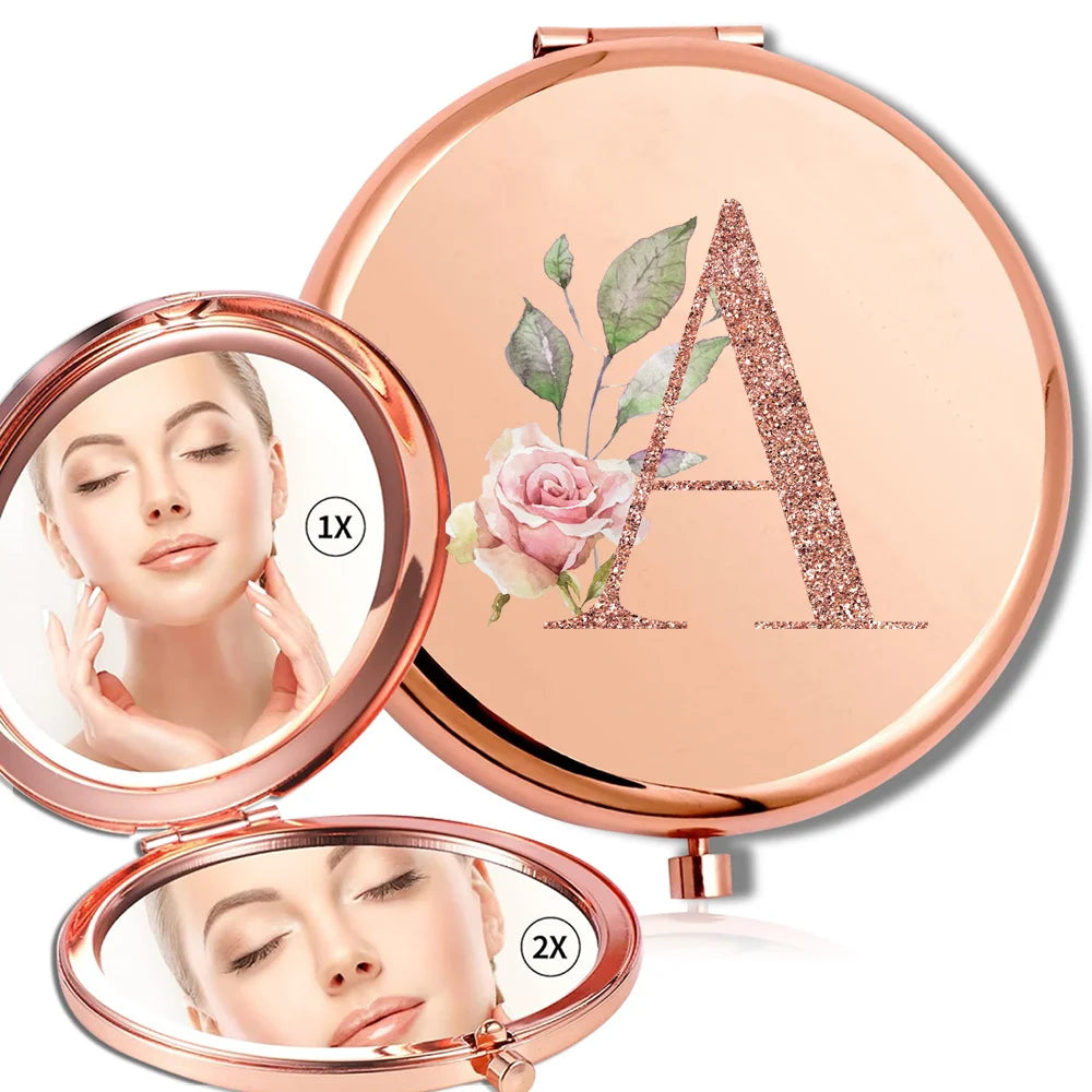 Magnifying Makeup Round Mirror Double Sided Metal Cosmetic Portable Look Glass Compact Handheld Mirror Rose Gold Letter Pattern