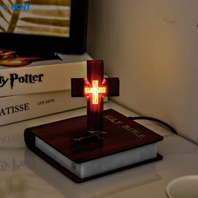 Levitating Cross Lamp Bible Floating Cross Night Light with Colorful Magnetic Levitation Christian Gift Spiritual Home Decor