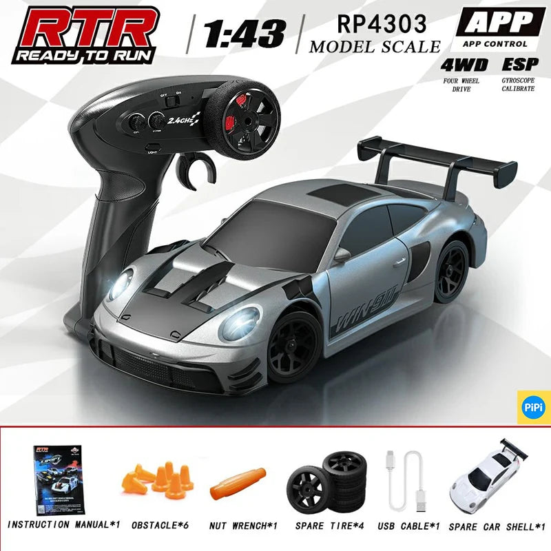 1/43 HB-RP43 RC Drift Car with DIY White Body Shell & Extra Tires 2.4G 4WD ESP Gyro Stabilization Full Proportional Control Car