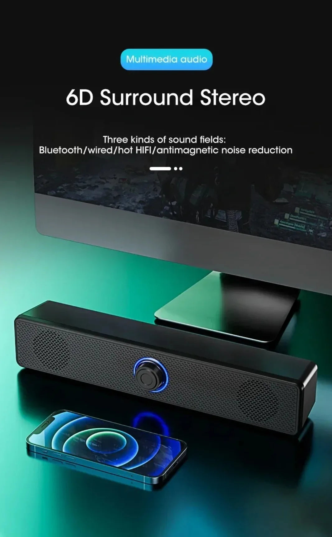 3D Surround Soundbar Speaker System - Subwoofer Stereo Music Box, Multi-functional for Computer and TV, Immersive Speaker