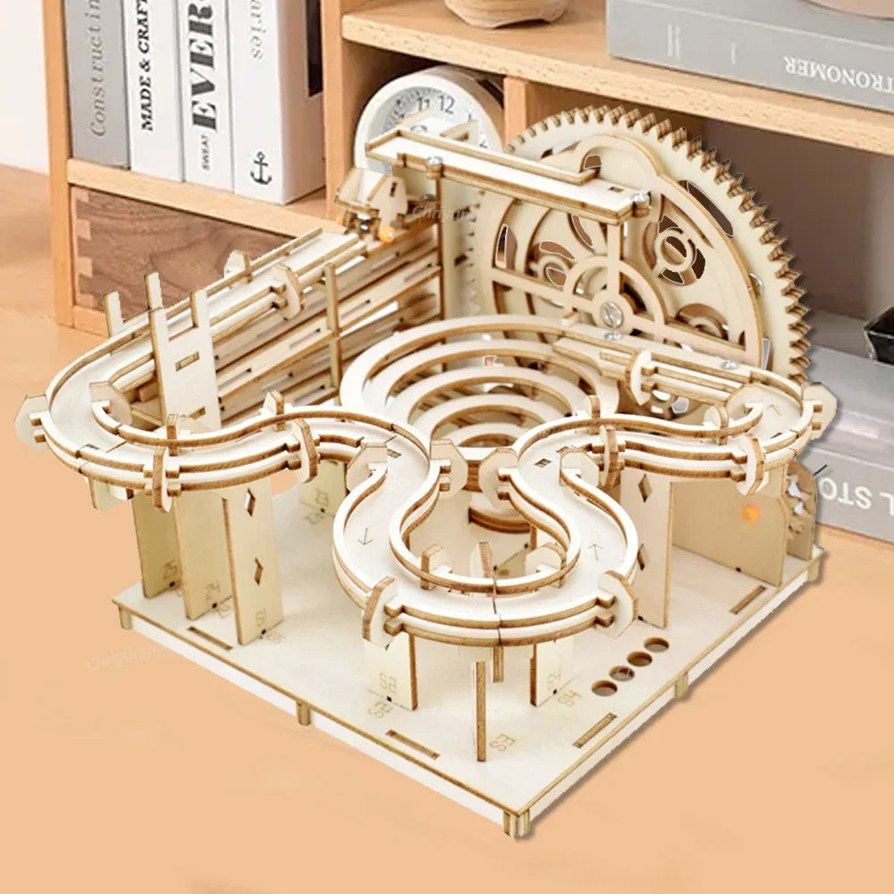 3D Wooden Puzzle DIY Building Kits Mechanical Model Marble Run Set with 4 Balls Creative STEM Toys for Adults Kids Birthday Gift