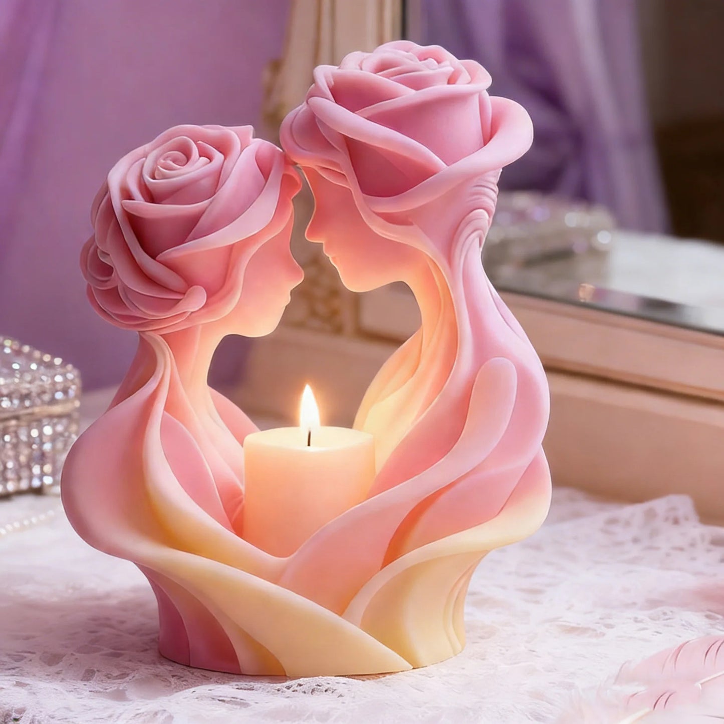Rose Couple Sculpture Candle Mold, Silicone Mold for Handmade Wax Candles, Wedding Favors & Gift Set Making