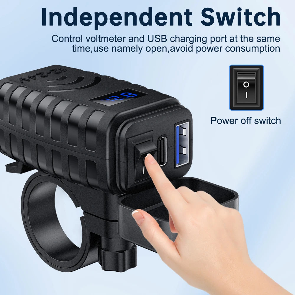 Motorcycle Phone Charger 48W Waterproof Motorcycle USB Charger Socket with Voltmeter & ON/Off Switch for Phone, Tablet, GPS