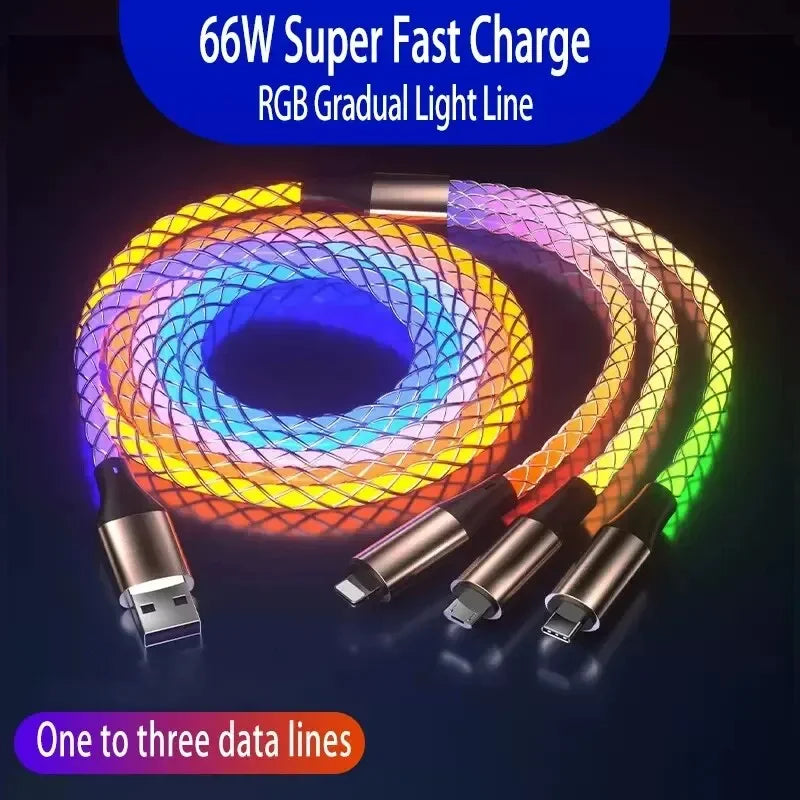 3 in 1 1.2M 6A Super Fast Charging Colorful Light Data Cable Drag Three RGB Breathing Gradient Car Charging Cable USB Universal
