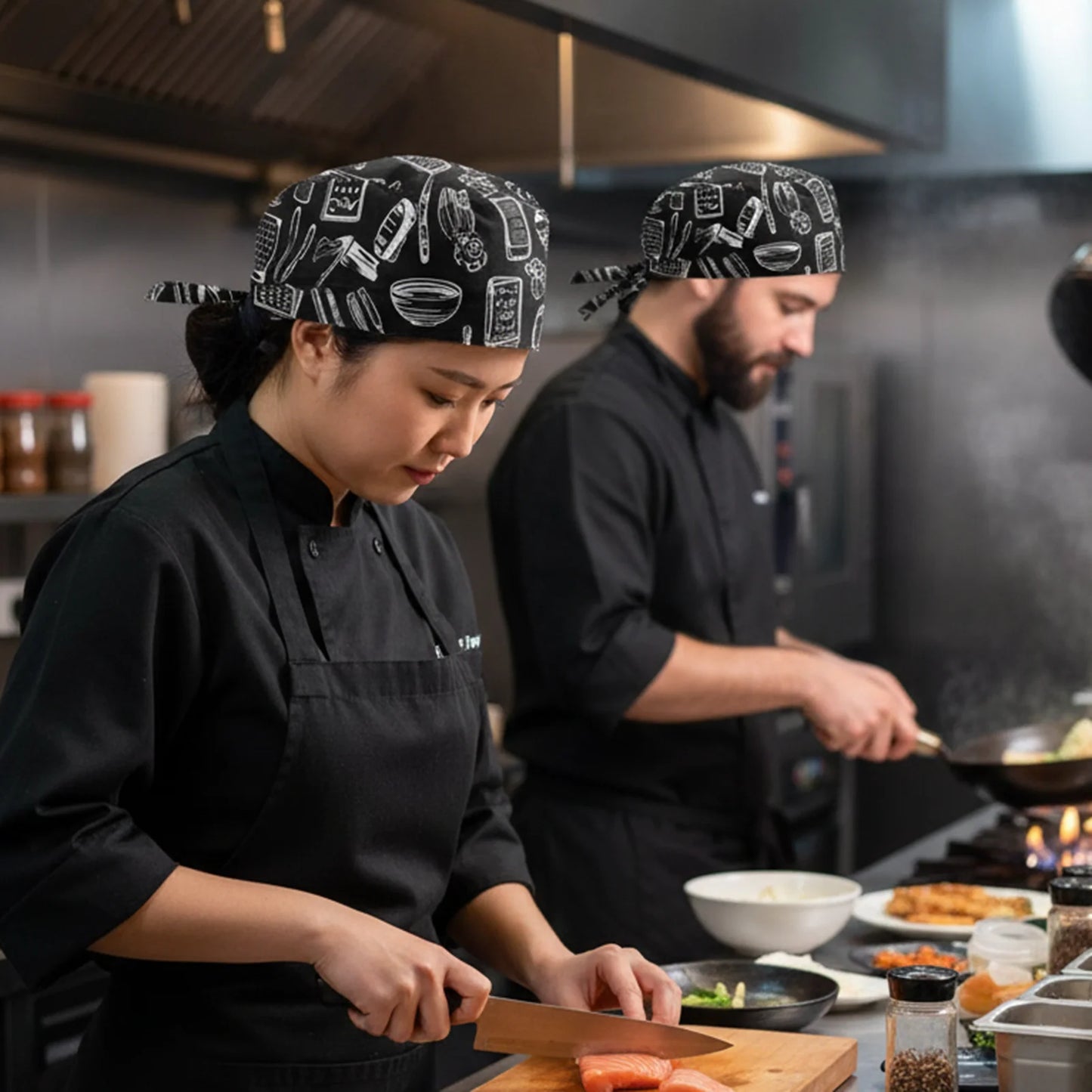 Chef Hat for Men and Women Restaurant Staff Adjustable Tied Band Cooking Cap Breathable Cotton Blend Material for Japanese