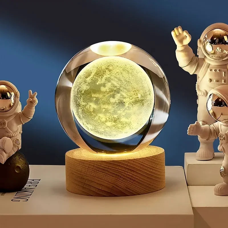 3D Crystal Ball LED Warm Night Light Wooden Base Laser Engraved Solar System Globe Galaxy Birthday Gift Home Desktop Decoration