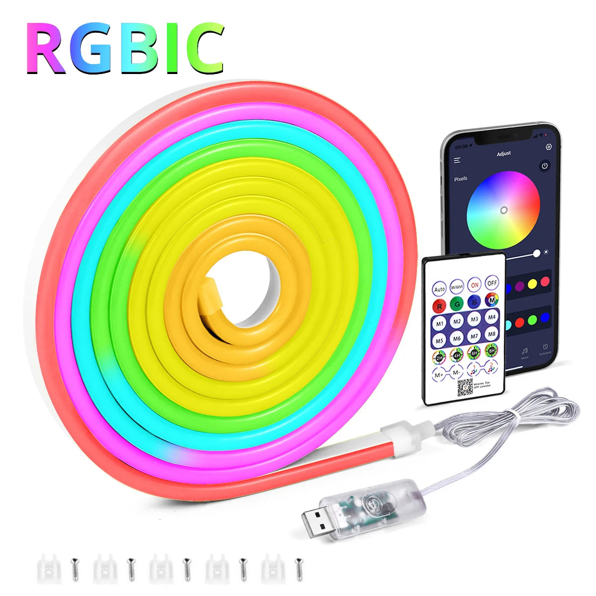 5V USB RGBIC Neon LED Strip Lights with Bluetooth APP Control Music Sync Waterproof Flexible Tape for Gaming Room Party Decor