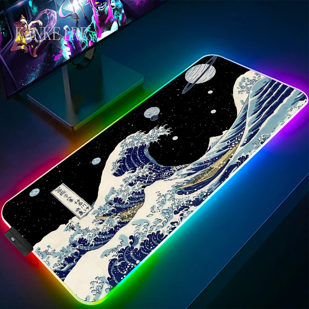 The Great Wave off Kanagawa RGB Gaming Mouse Pad Desk Mat LED Light Mousepad Artistic Computer Carpet With Backlit Mouse Pads