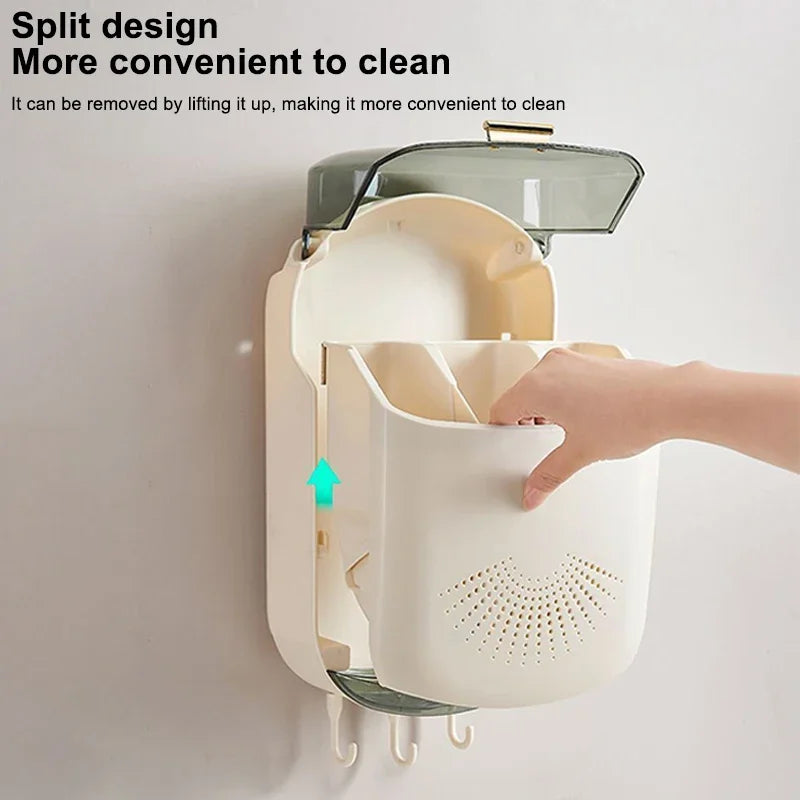 Kitchen Cutlery Storage Box Wall Mount Tableware Storage Holder with Lid Dustproof Spoon and Chopstick Organizer Drain Racks