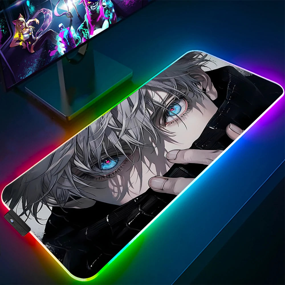 Jujutsu Kaisen Anime RGB Pc Gamer Keyboard Mouse Pad Gojo Satoru Mousepad LED Glowing Mouse Mats Rubber Gaming Computer Mats Xxl