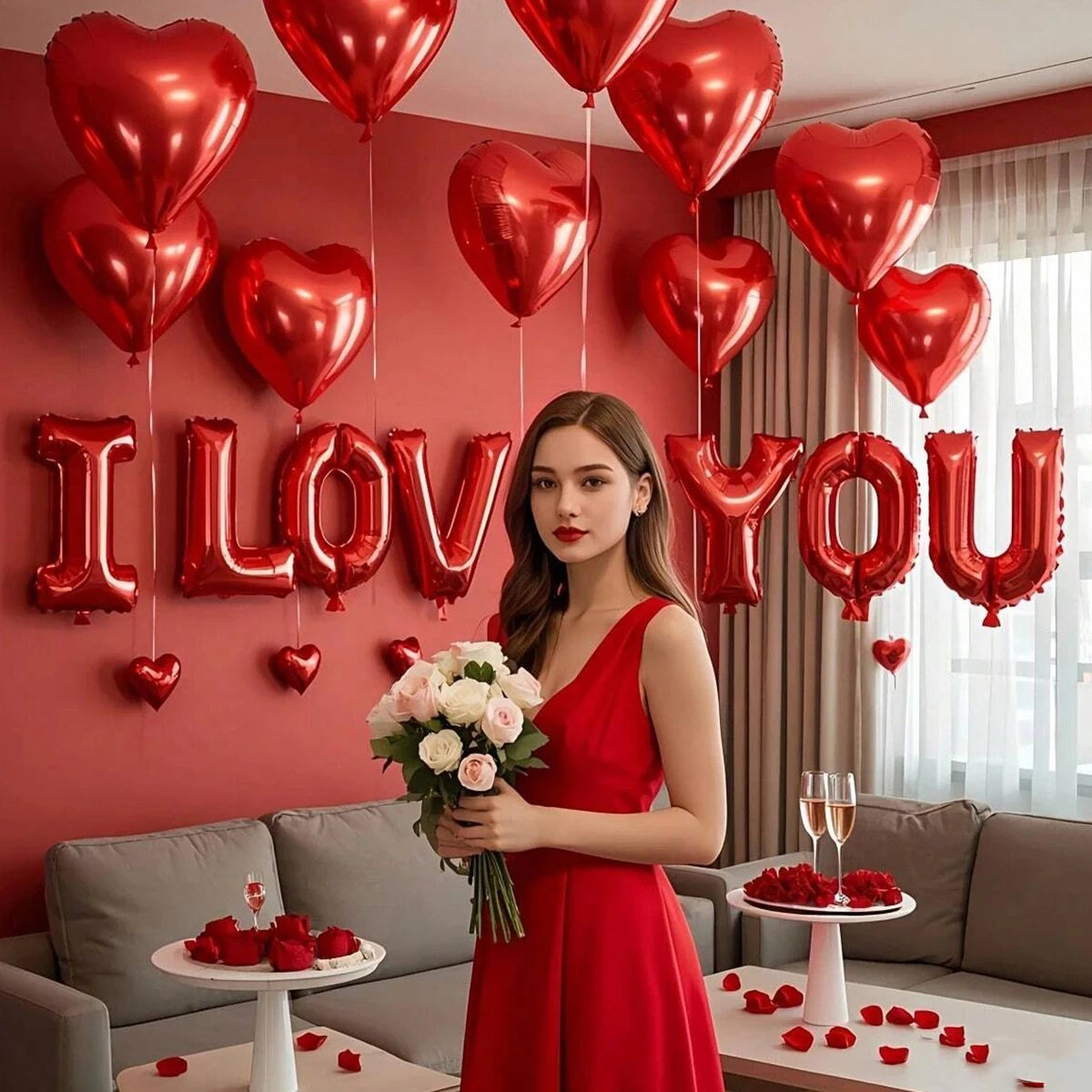 I LOVE YOU letter balloon set with heart-shaped aluminum foil balloons for Valentine's Day proposal, wedding party decoration
