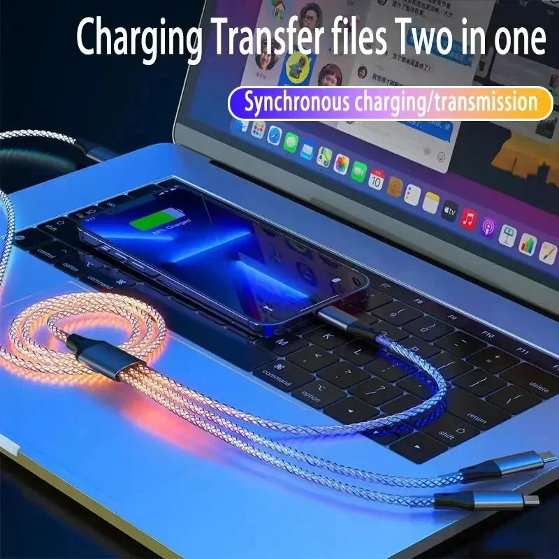3 in 1 1.2M 6A Super Fast Charging Colorful Light Data Cable Drag Three RGB Breathing Gradient Car Charging Cable USB Universal