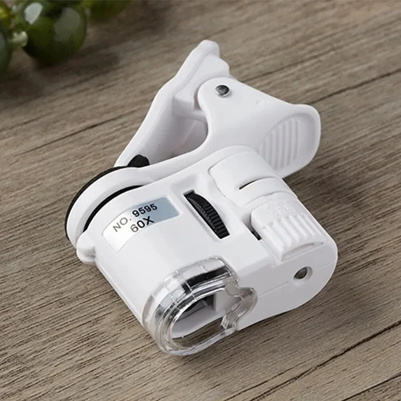 60X Clip On Microscope with LED UV Light Jewelry Magnifier for Cell Phone Focusing Adjustable