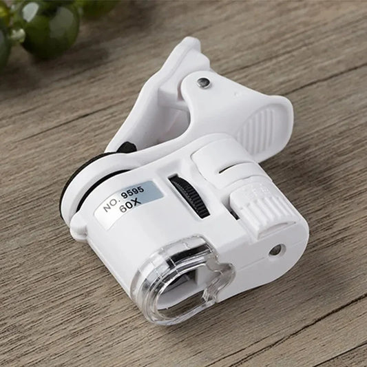 60X Clip On Microscope with LED UV Light Jewelry Magnifier for Cell Phone Focusing Adjustable