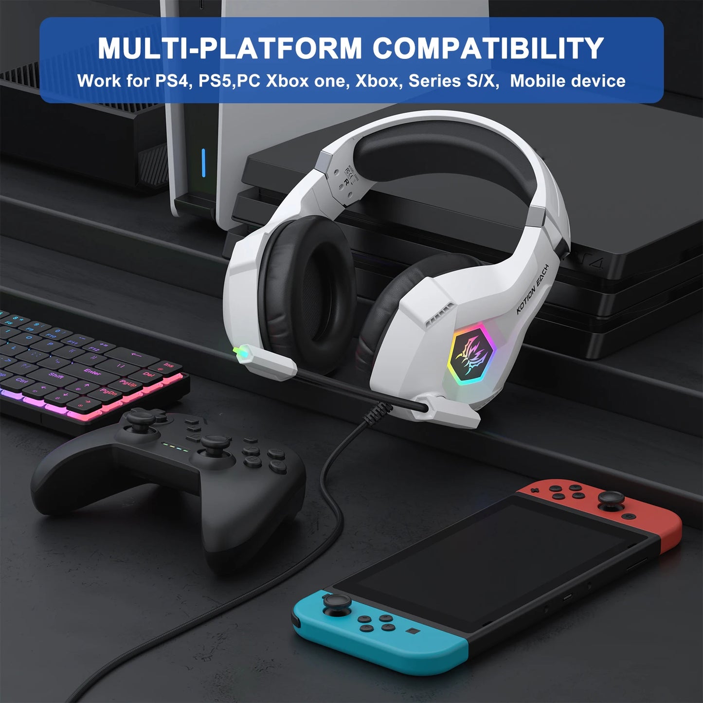 RGB Wired Gaming Headset with Noise Cancelling Mic for PC PS4 PS5 Xbox - over Ear Design Surround Sound Gaming Headphones