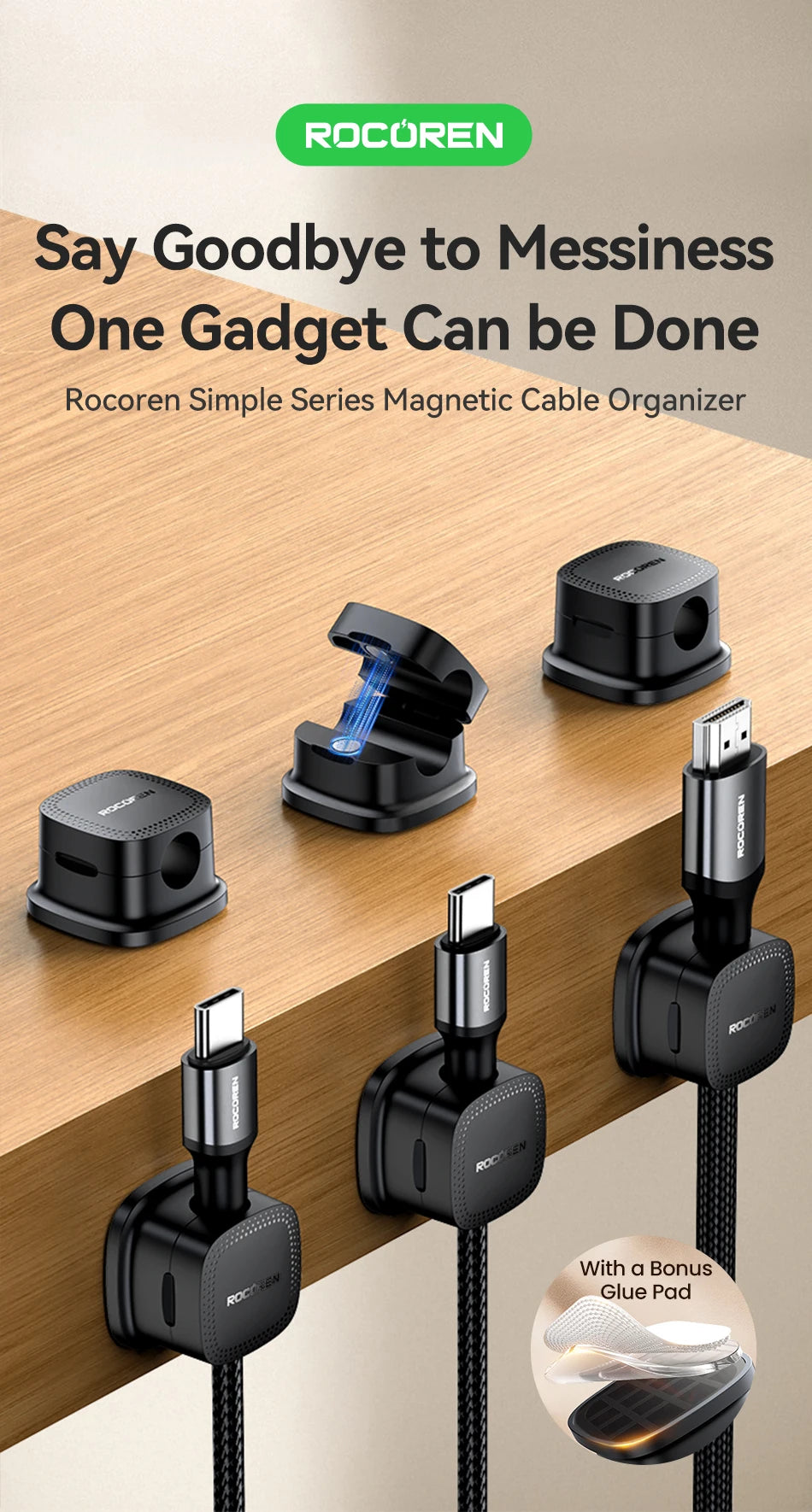 Rocoren Magnetic Cable Organizer Smooth Adjustable Cable Holder Under Desk 6PCS Stable Cable Management Wire Keeper Cable Clips