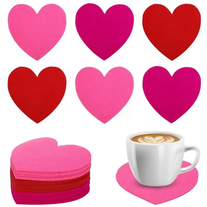 10pcs Valentine's Day Cup Mats Set Felt Love Theme Coaster Tableware Knife Fork Mat Set Romantic Party Decor Wedding Decoration