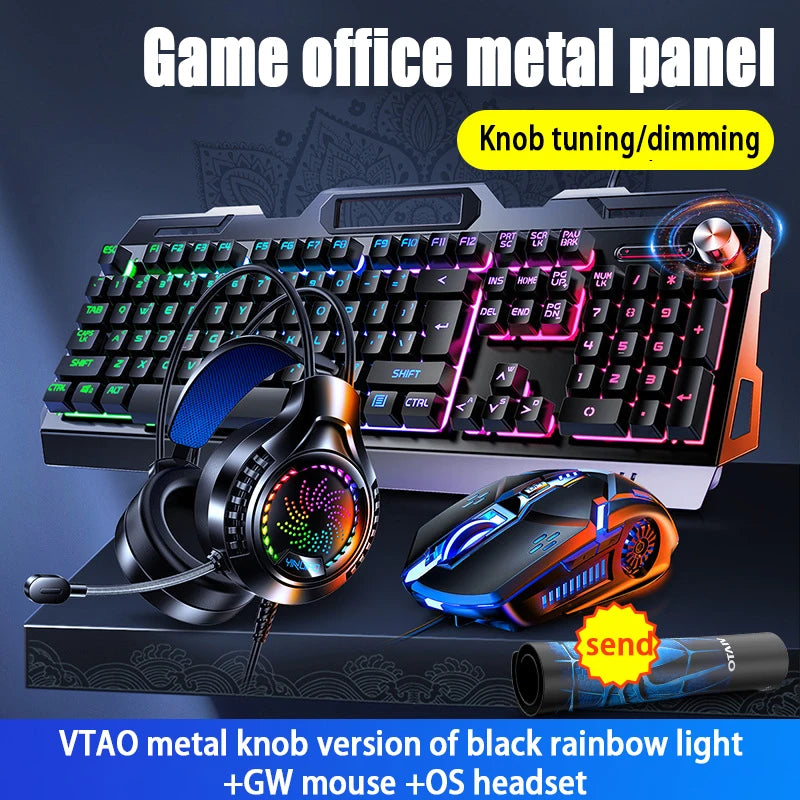 V2g5 Gaming Mechanical Handle Metal Keyboard Mouse Headset Usb Cable 3pieces/set for Esports Player Free Mousepad
