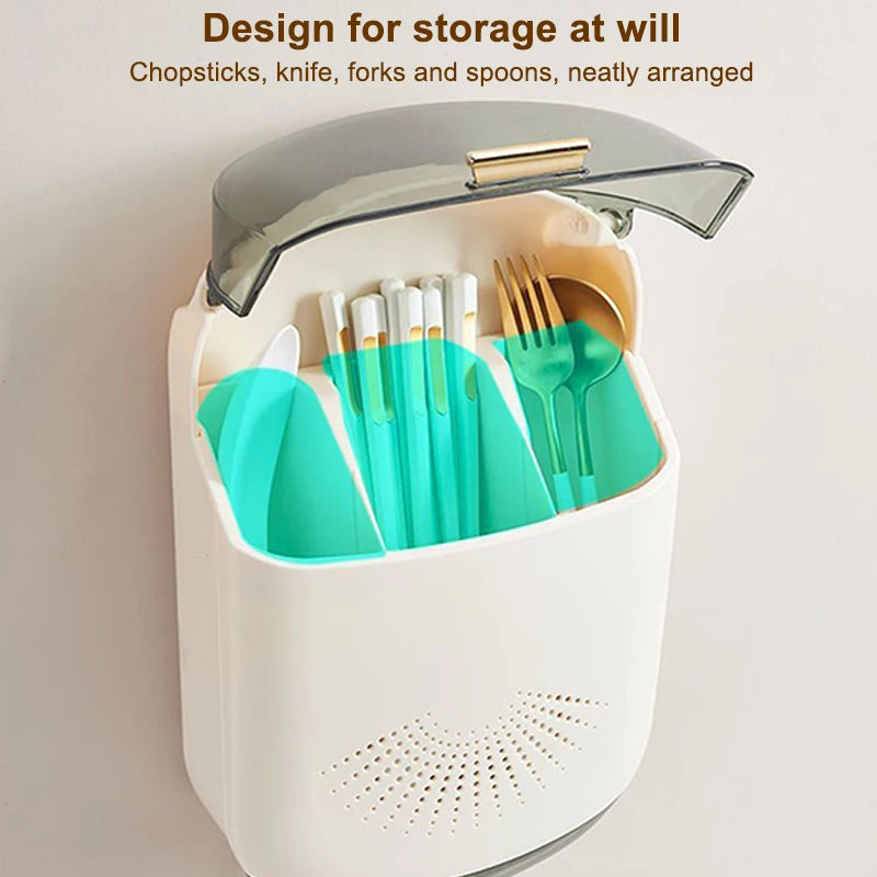 Kitchen Cutlery Storage Box Wall Mount Tableware Storage Holder with Lid Dustproof Spoon and Chopstick Organizer Drain Racks